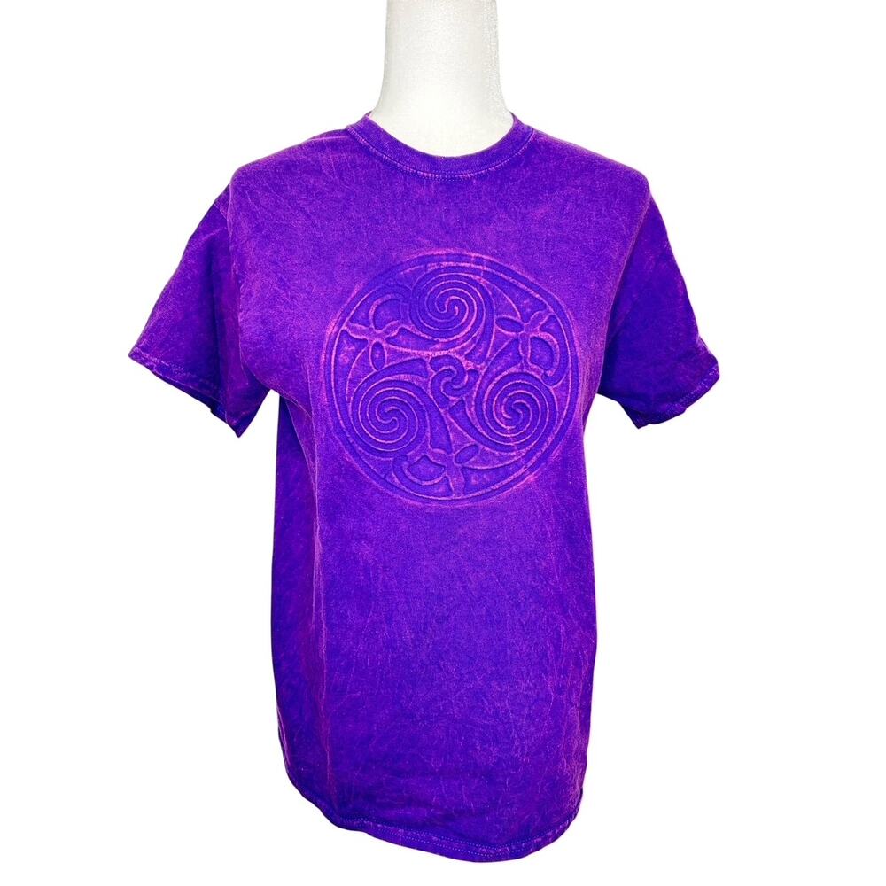 Celtic Fashions Purple Pink Acid Wash T-shirt Embossed Triskele Design